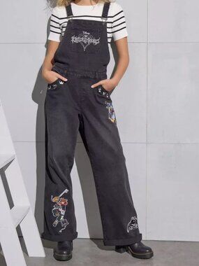 Disney: Kingdom Hearts Embroidered Women's Black Denim Overalls Medium *NWT*